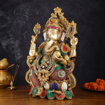Brassaura™ Grand Brass Ganesha Idol on Lotus – 21 Inch Height | 24 kg | Intricate Stonework | Spiritual & Artistic Home Décor