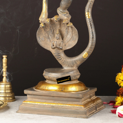 Brassaura™ Brass Dancing Ganapathi on Vasuki Naga – Antique Sandstone Finish | Height 26.5 Inches, Weight 18 Kgs