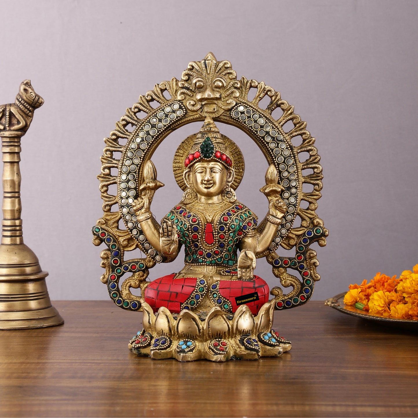 Brassaura™ Brass Ganesha, Lakshmi & Saraswati Idol Set – 9.5 Inch Height | 10.2 kg | Handcrafted with Meenakari Stonework