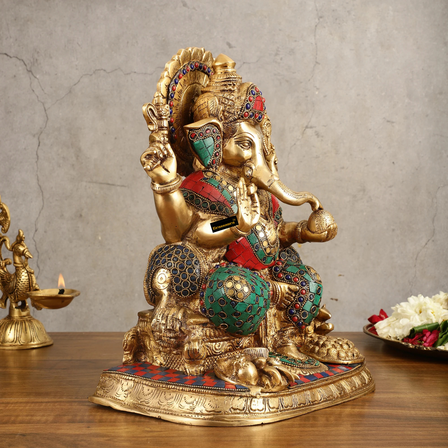 Brassaura™ Superfine Brass Ganesha Idol with Fruit Bowl & Modak Thali – 13 Inch Height | 12 Kg | Intricate Stonework