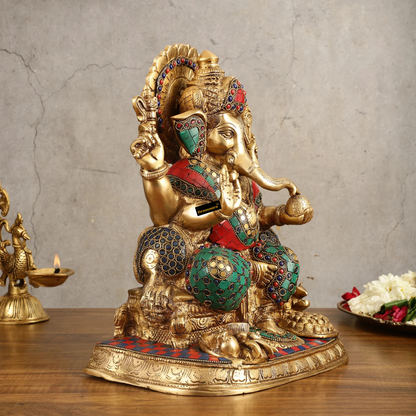 Brassaura™ Superfine Brass Ganesha Idol with Fruit Bowl & Modak Thali – 13 Inch Height | 12 Kg | Intricate Stonework