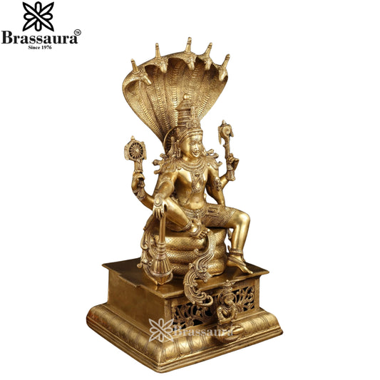 Brassaura® Vishnu Sitting on Sesh Naag Brass Statue | Pure Brass | Height 28 Inches
