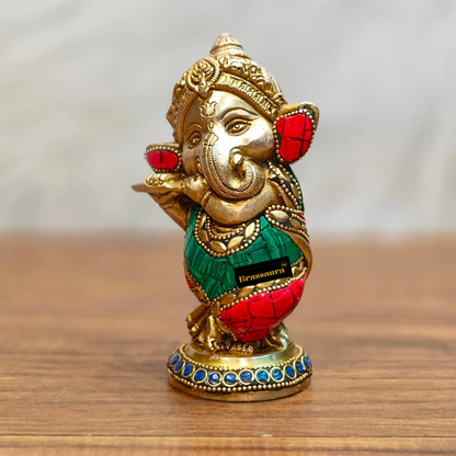 Brassaura™ Mini Brass Ganesha Idol – Height 5 Inches, Weight 1 Kg