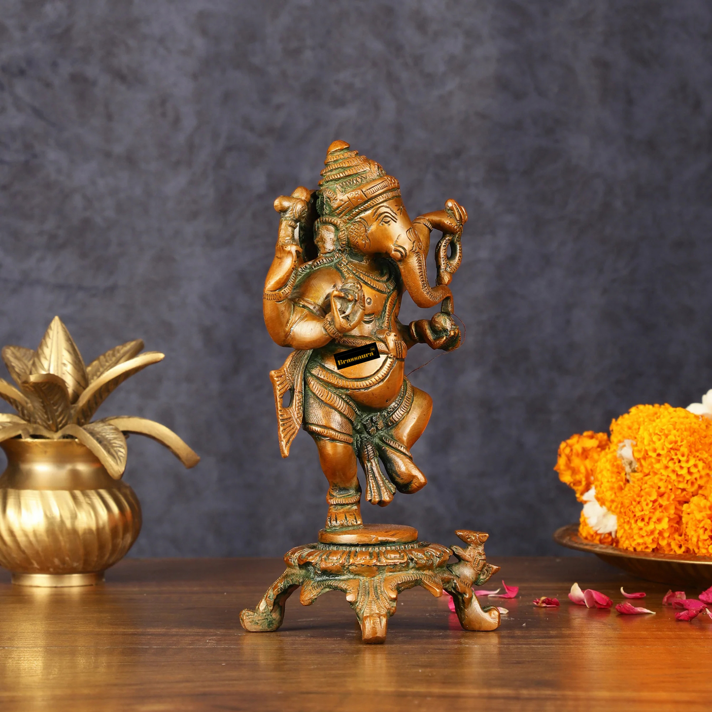 Brassaura™ Pure Brass Chola Ganesha Statue – 12 Inch Height | 5.5 kg | Antique Bronze Finish | Divine & Artistic Home Décor