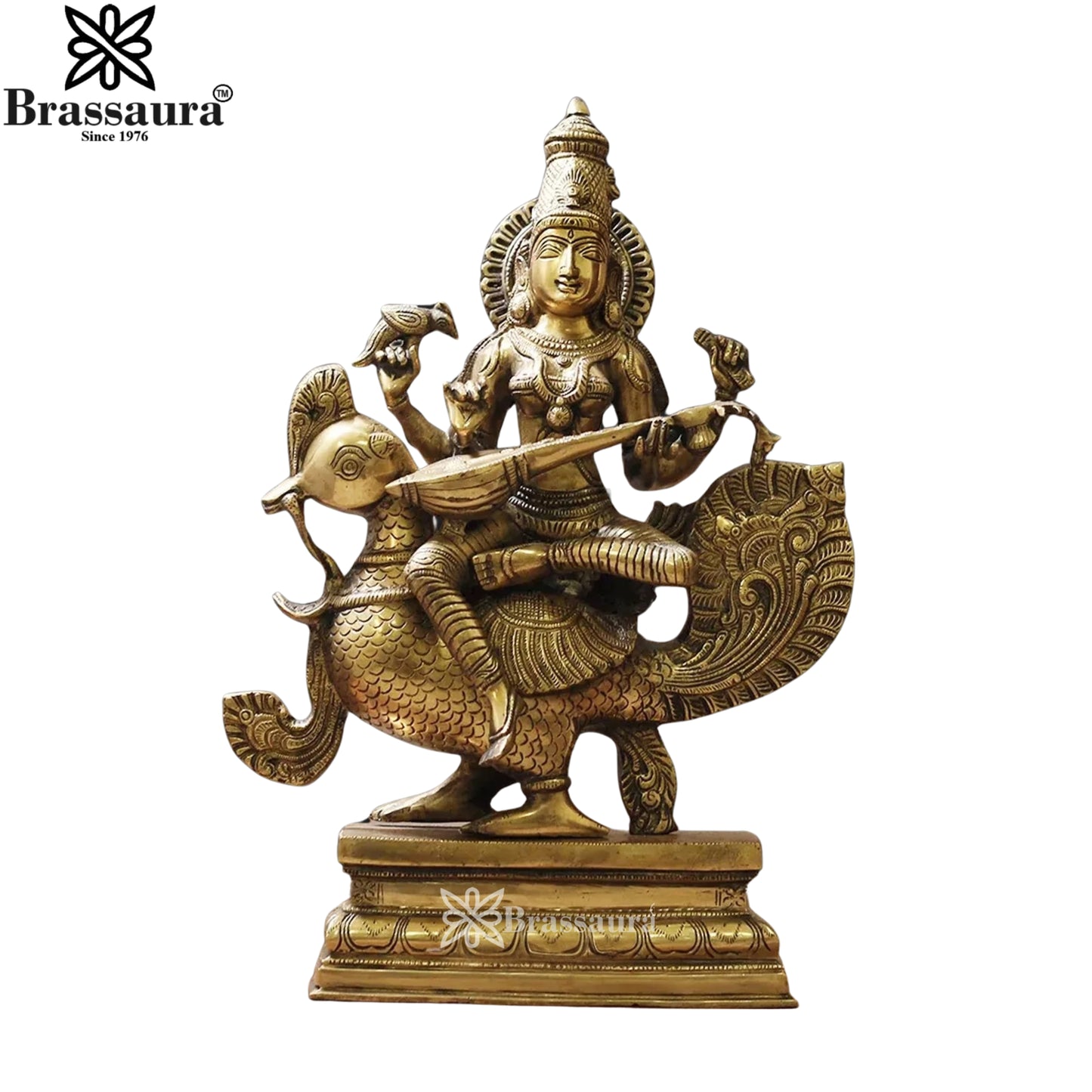 Brassaura™ Brass Saraswati Mata Murti – Height 19 Inches & Weight 15 Kgs | Puja & Worship Idol