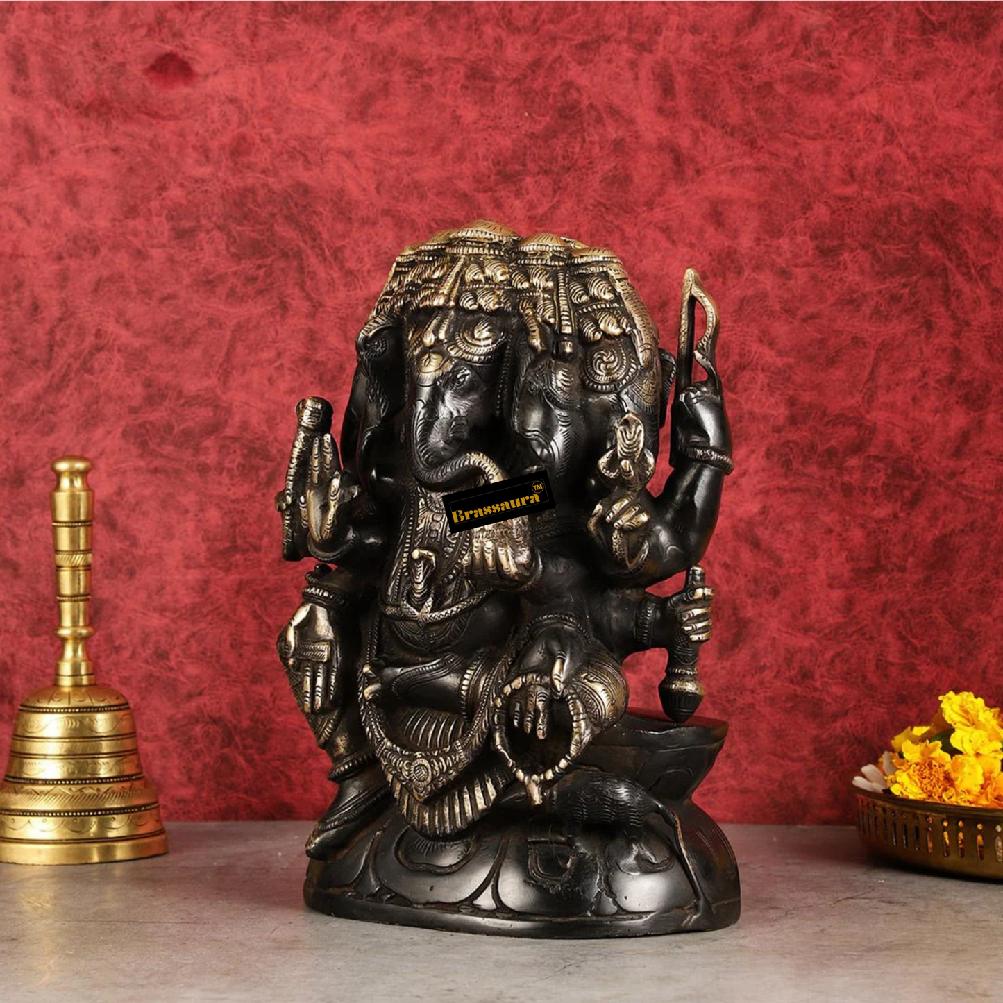 Brassaura™ Pure Brass Panchmukhi Ganesha Statue – Black & Gold Finish | Height 11 Inches, Weight 7.2 Kgs