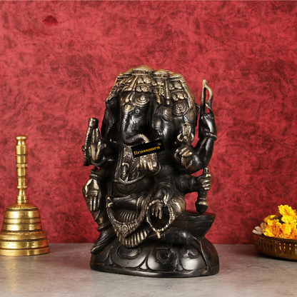 Brassaura™ Pure Brass Panchmukhi Ganesha Statue – Black & Gold Finish | Height 11 Inches, Weight 7.2 Kgs