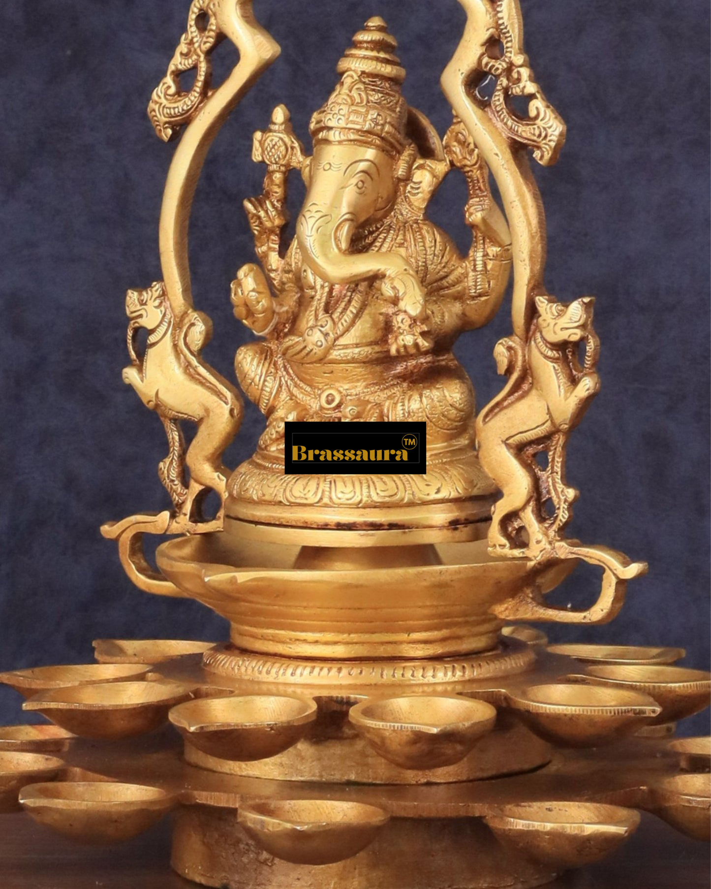 Brassaura™ Pure Brass Ganesha Statue with Diyas & Thiruvachi Frame – 12" Height, 3.8 kg – Divine Home Decor