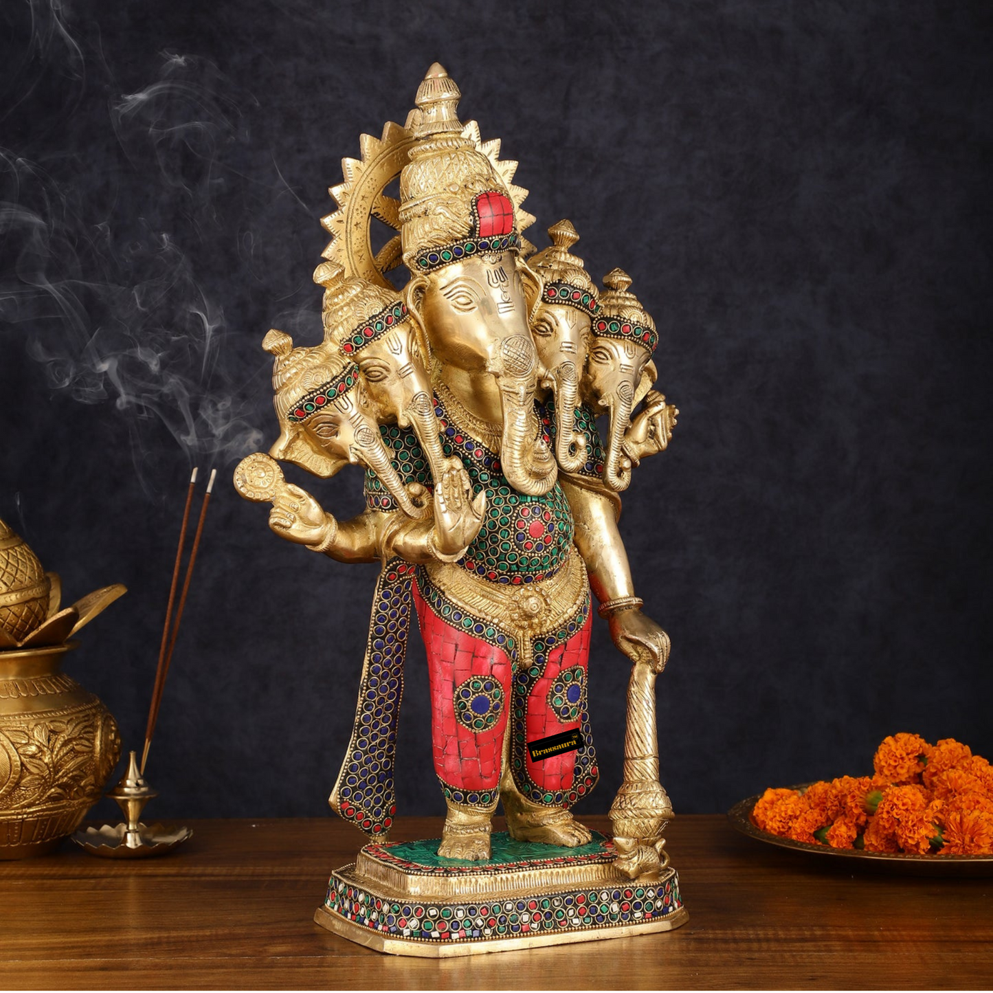 Brassaura™ Brass Superfine Standing Panchmukhi Ganesha Statue – 19" Height, 12.15 kg – Intricate Stonework