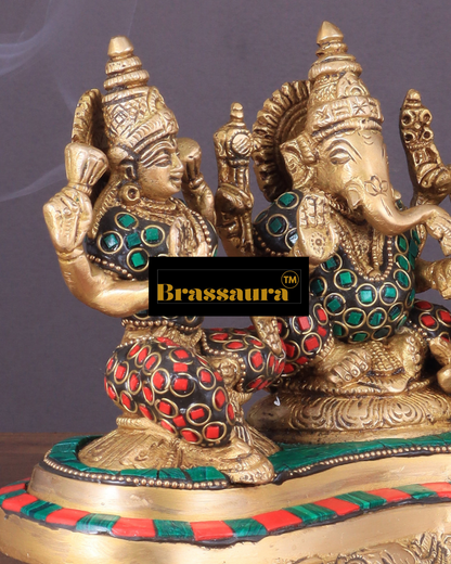 Brassaura™ Brass Ganesha Lakshmi Saraswati Idol – 6.2" Height, 3 kg – Auspicious Trio for Wealth, Wisdom & Success