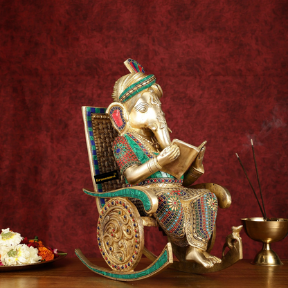 Brassaura™ Brass Reading Ganesha on Rocking Chair – Height 17 Inches, Weight 15 Kgs | Intricate Stonework
