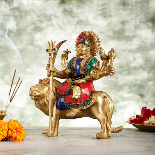 Brassaura™ Pure Brass Goddess Durga Idol – 3.5kg, 9-Inch – Golden Finish Handcrafted Statue for Protection & Prosperity