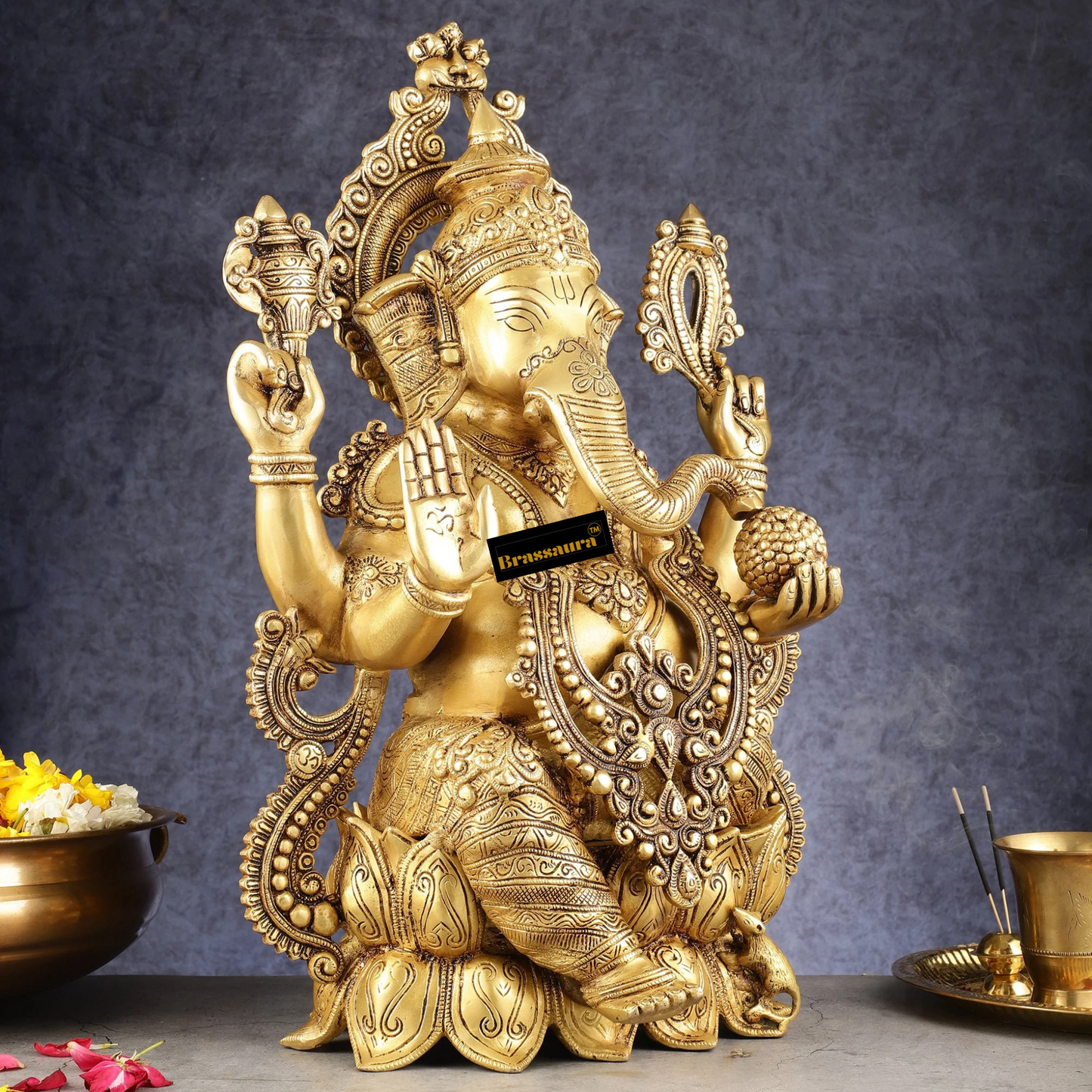 Brassaura™ Handcrafted Brass Ganesha on Lotus Pedestal – Height 21 Inches, Weight 22 Kgs