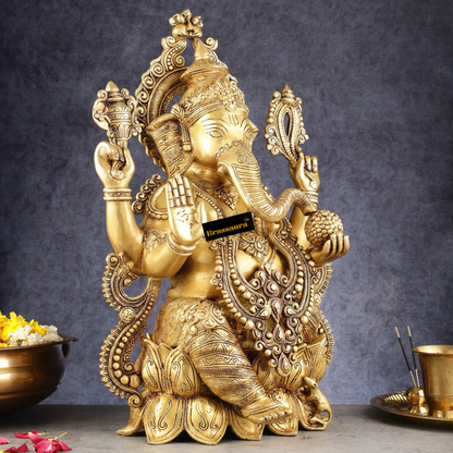 Brassaura™ Handcrafted Brass Ganesha on Lotus Pedestal – Height 21 Inches, Weight 22 Kgs
