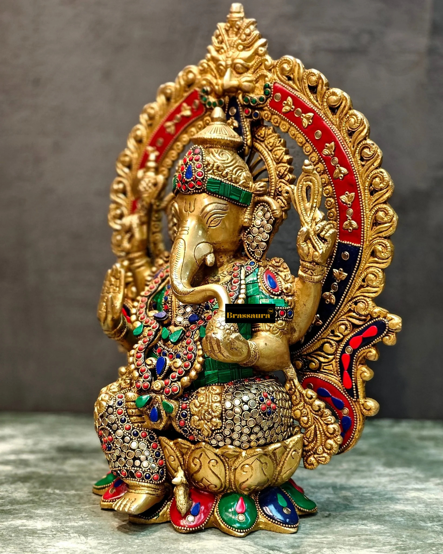 Brassaura™ Pure Brass Ganapati Idol on Lotus Throne with Prabhavali – Height 15.5 Inches, Weight 10.5 Kgs