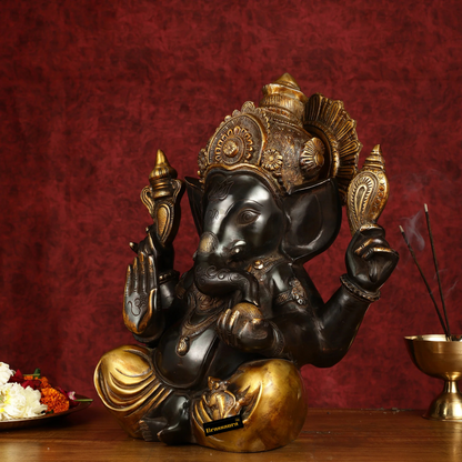 Brassaura™ Large Pure Brass Ganapati Statue – Black Finish | Height 15 Inches, Weight 13.5 Kgs