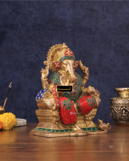 Brassaura™ Handcrafted Brass Ganesha Idol – 10" Height, 5 kg – Meenakari Stonework for Home & Office Décor