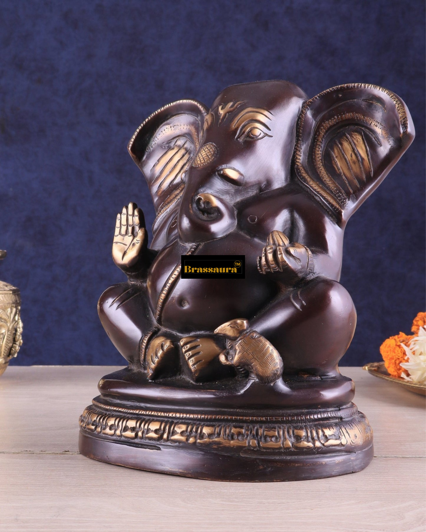 Brassaura™ Unique Brass Lord Ganesha Statue on Round Base – 8" Height, 3.46 kg – Vintage Finish