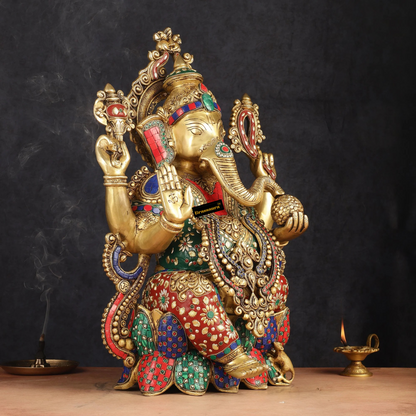 Brassaura™ Handcrafted Brass Ganesha Idol on Lotus with Mooshak | Height 21 inches | Weight 22 Kgs | Meenakari Stonework | Spiritual Decor