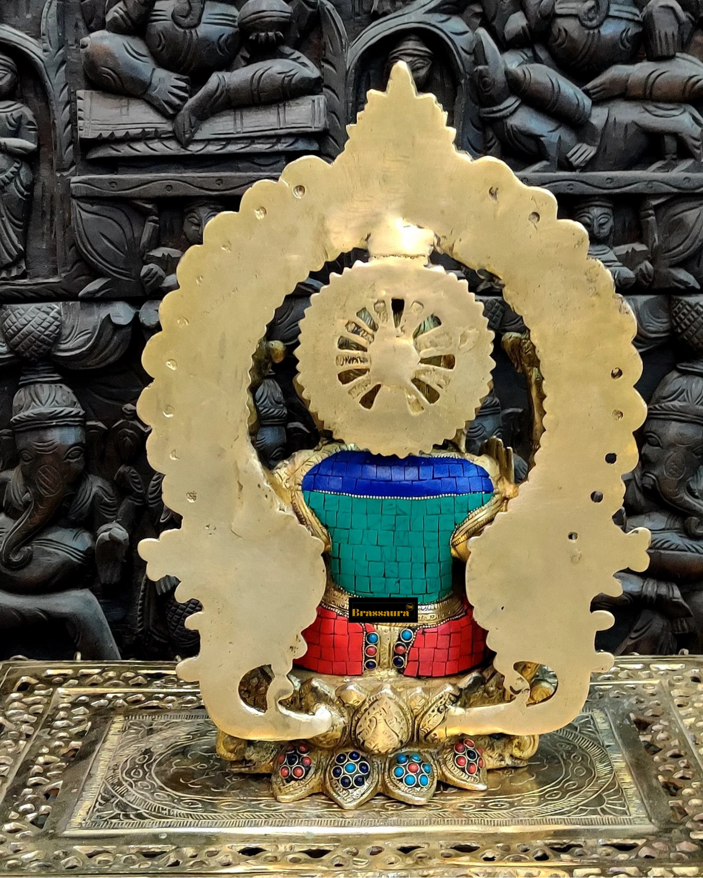 Brassaura™ Pure Brass Ganapati Statue on Lotus Throne with Prabhavali Arch – 15.5 Inch Height | 12 Kg | Meenakari Stonework