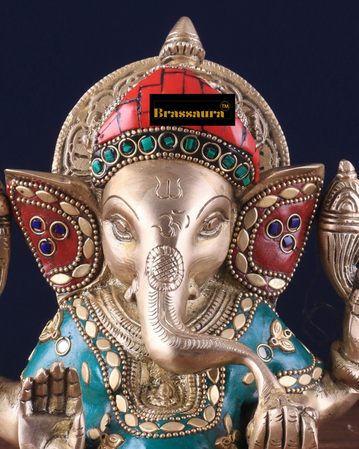 Brassaura™ Brass Taj Ganesha Idol with Stonework – 8" Height, 3 kg – Intricately Crafted with Sharp Features