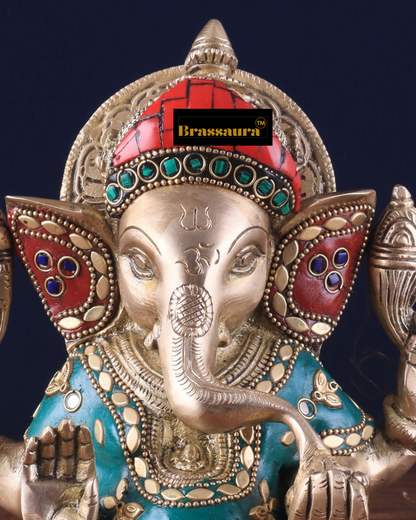 Brassaura™ Brass Taj Ganesha Idol with Stonework – 8" Height, 3 kg – Intricately Crafted with Sharp Features