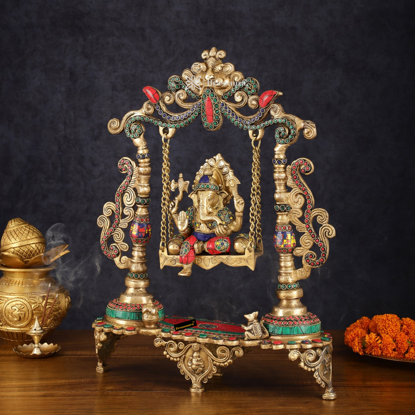 Brassaura™ Kirtimukha Ganesha on Swing – 20" Height, 4kg Weight Superfine Brass – Handcrafted with Stonework Elegance