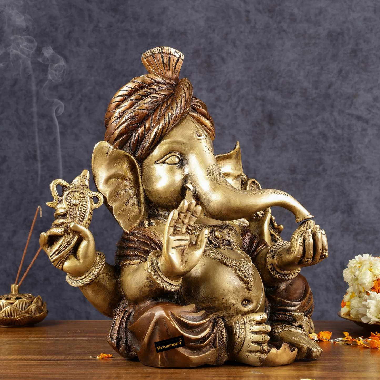Brassaura™ Handcrafted Brass Ganesha Idol with Turban – Antique Dual-Tone Copper Gold Finish | Height 13.5 Inches, Weight 14 Kgs
