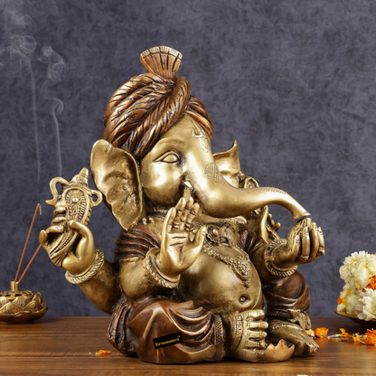 Brassaura™ Handcrafted Brass Ganesha Idol with Turban – Antique Dual-Tone Copper Gold Finish | Height 13.5 Inches, Weight 14 Kgs