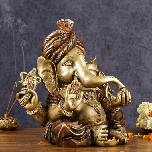 ब्रासौड़ा® हस्तनिर्मित पीतल गणेश मूर्ति पगड़ी के साथ – एंटीक ड्यूल-टोन कॉपर गोल्ड फिनिश | ऊंचाई 13.5 इंच