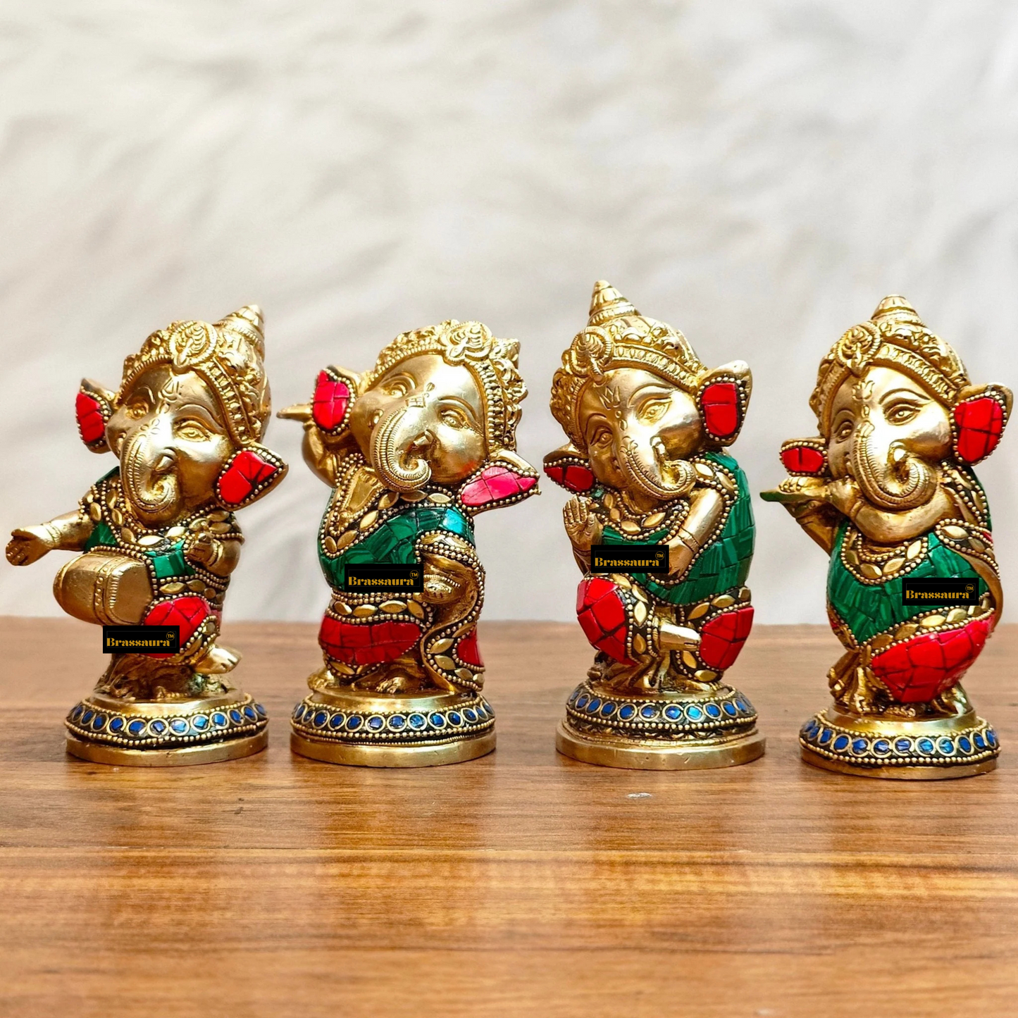 Brassaura™ Set of Baby Brass Ganesha Idols – Height 5 Inches, Total Weight 4 Kgs