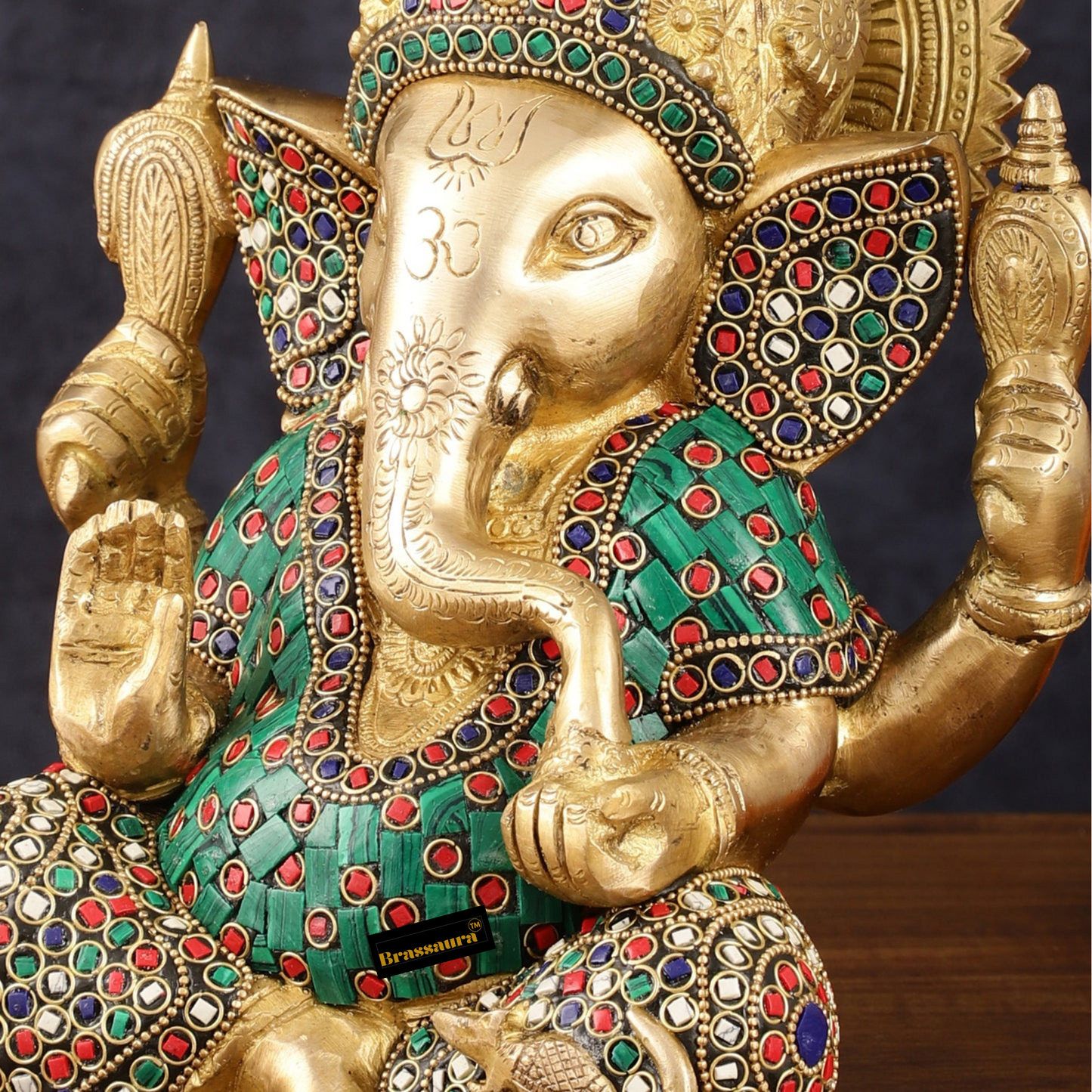 Brassaura™ Meenakari Brass Ganesha Idol – 8 Inch Height | 4.7 kg | Handcrafted with Natural Stone Inlay