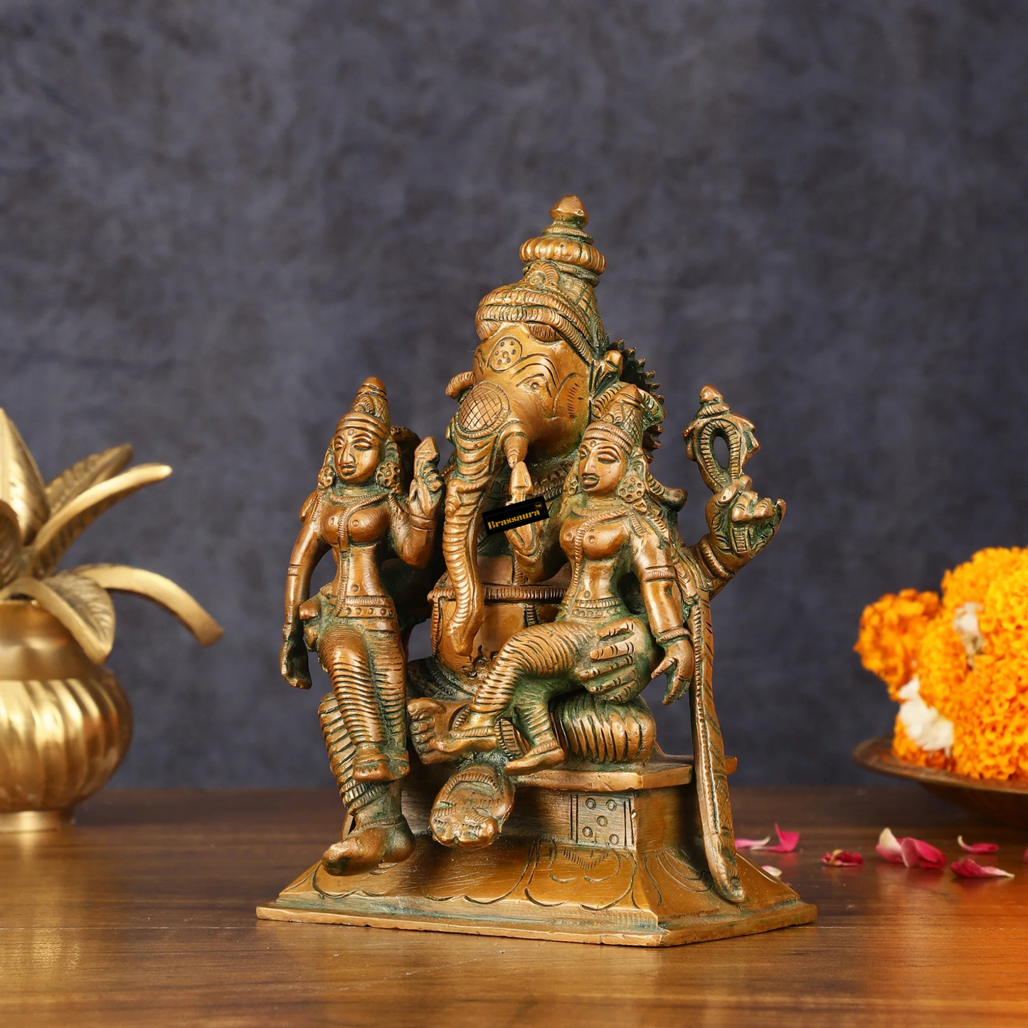 Brassaura™ Pure Brass Ganesha with Riddhi & Siddhi – 7 Inch Height | 2.5 kg | Bronze Finish | Symbol of Prosperity & Spirituality