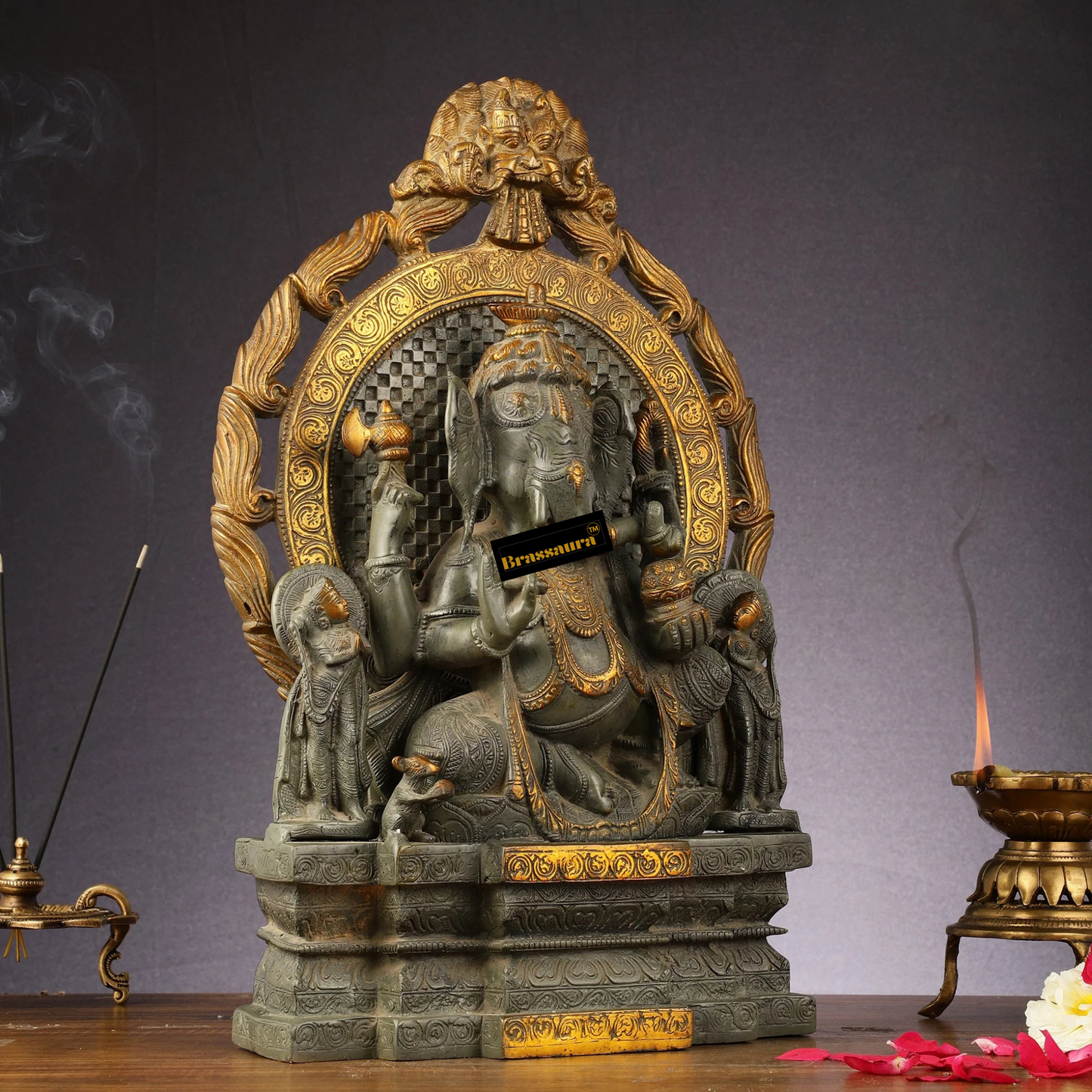 Brassaura™ Handmade Brass Lord Ganesha – Antique Finish with Riddhi Siddhi & Shivling | Height 18 Inches, Weight 14 Kgs