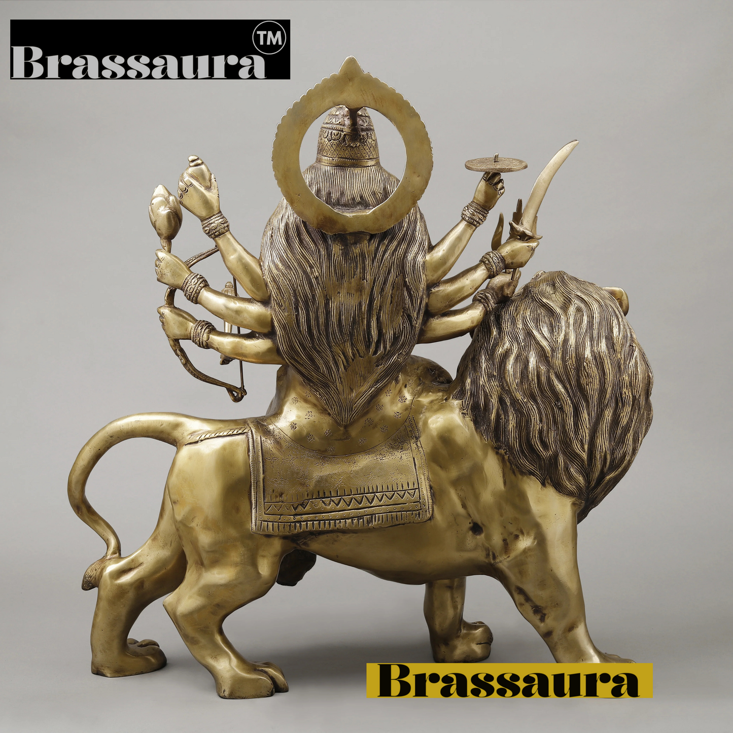 Brassaura™ 26.5-Inch Brass Durga Idol – 35.38kg – Majestic 8-Armed Goddess Seated on Lion with Golden Finish for Temple, Home & Gifting