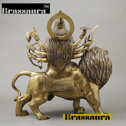 Brassaura™ 26.5-Inch Brass Durga Idol – 35.38kg – Majestic 8-Armed Goddess Seated on Lion with Golden Finish for Temple, Home & Gifting