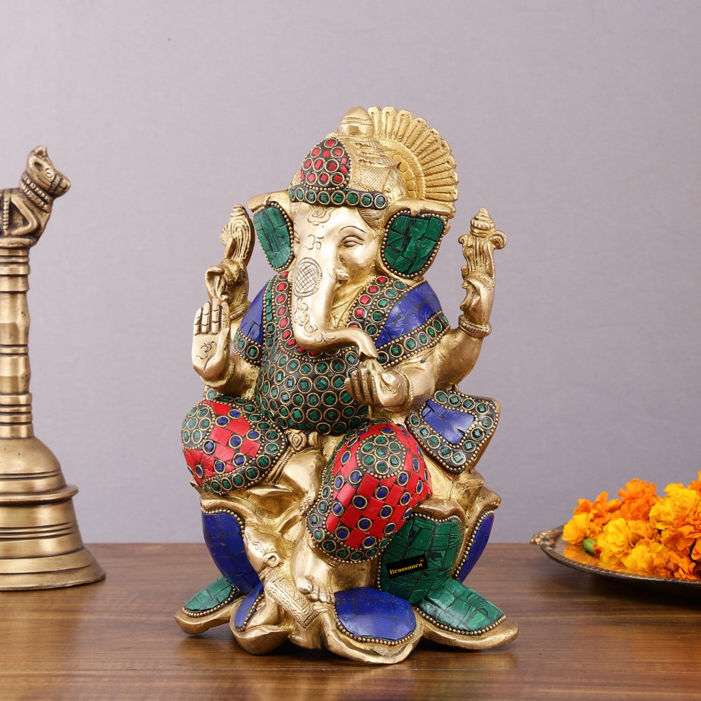 Brassaura™ Brass Gemstone Work Ganesha Idol – 10 Inch Height | 4.5 kg | Multi-Coloured | Good Luck Statue for Home Decor, Diwali, Housewarming & Wedding Gift