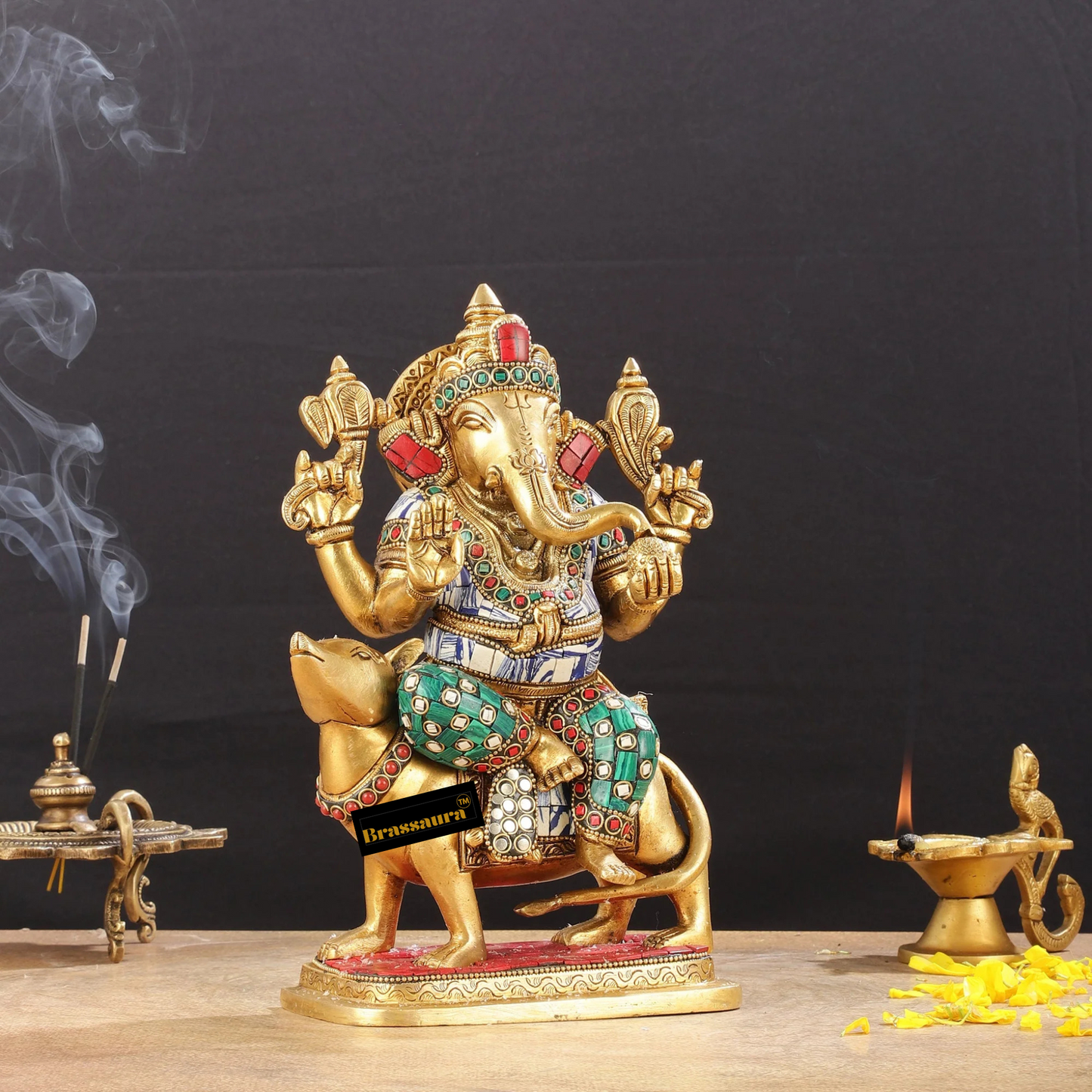 Brassaura™ Brass Ganesha on Mouse – Meenakari Work | Height 10 Inches, Weight 4 Kgs