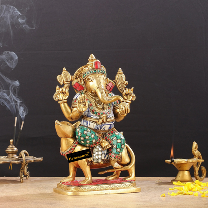 Brassaura™ Brass Ganesha on Mouse – Meenakari Work | Height 10 Inches, Weight 4 Kgs