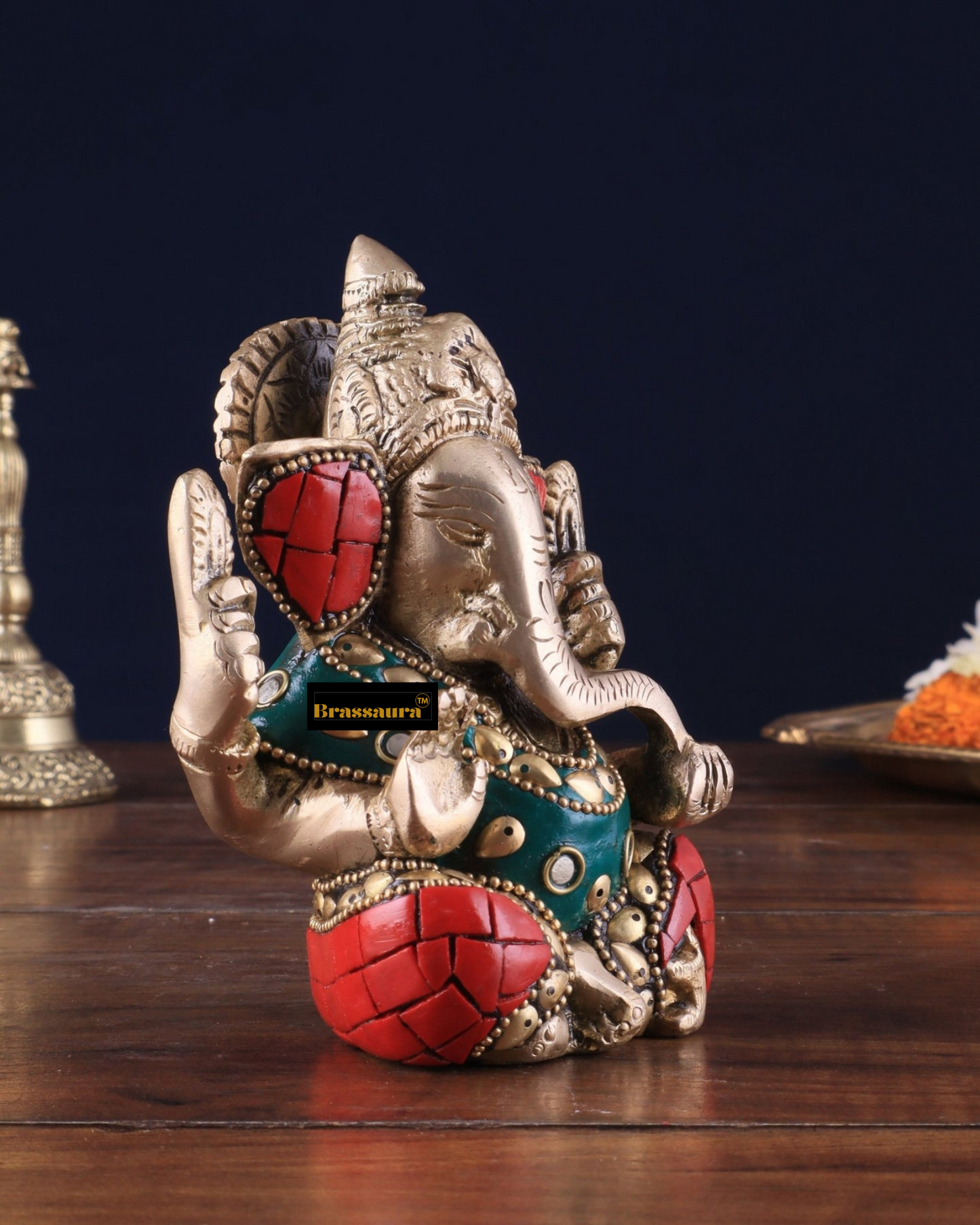 Brassaura™ Small Pure Brass Lord Ganesha Idol – 5 Inch Height | 0.8 kg | Intricate Stonework | Spiritual Décor