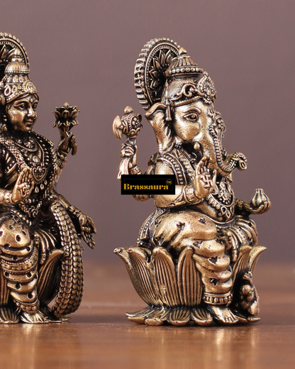 Brassaura™ Pure Brass Superfine Small Ganesh Lakshmi Idols – 2.5" Height, 180 gm – Intricately Crafted Divine Duo