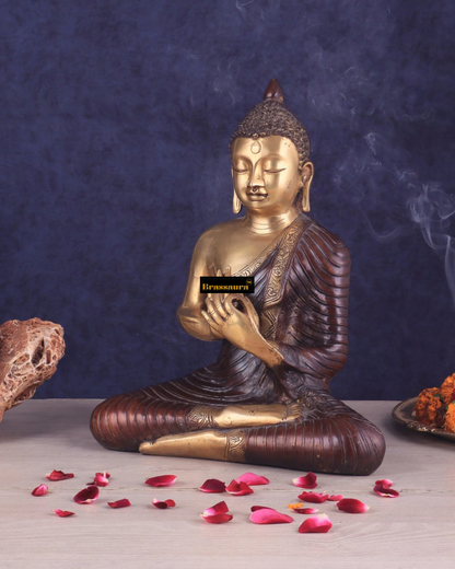Brassaura™ Pure Brass Buddha Statue in Dharma Chakra Mudra – Height 14 Inches, Weight 7 Kgs