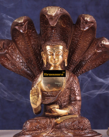 Brassaura™ Pure Brass Blessing Buddha Idol under Serpent Muchalinda – Height 8 Inches, Weight 2.33 Kgs