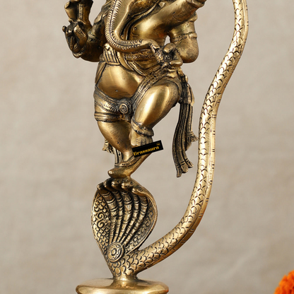 Brassaura™ Brass Ganesha Dancing on Vasuki Naag – 11.5" Height, 2.94 kg – Symbol of Divine Victory & Grace