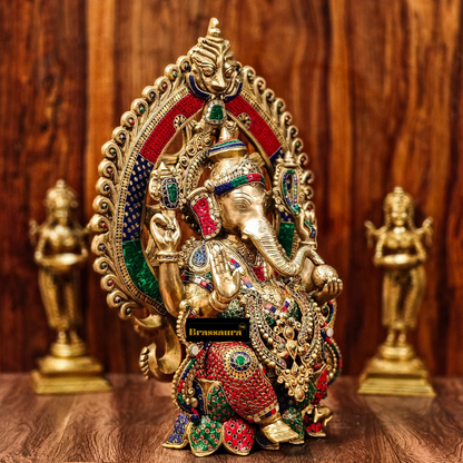 Brassaura™ Brass Ganesha Statue with Lotus Throne & Prabhavali – 26 Inch Height | 35 kg | Modak & Mooshak Detailing