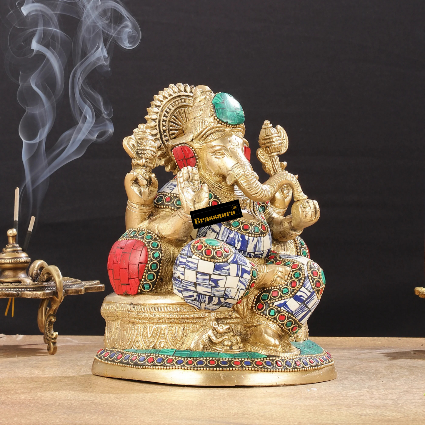 Brassaura™ Pure Brass Lord Ganesha Statue – Mosaic Work | Height 8 Inches, Weight 3.5 Kgs