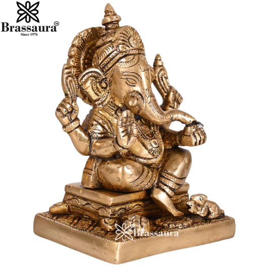 Brassaura® Chaturbhuj Ganesha Brass Idol | Four-Armed Divine Form | Height 5 Inches