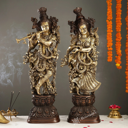 Brassaura™ Antique Brass Handcrafted Radha Krishna Statue – 30 Inch Height, 33 Kg | Intricate Detailing & Vintage Finish