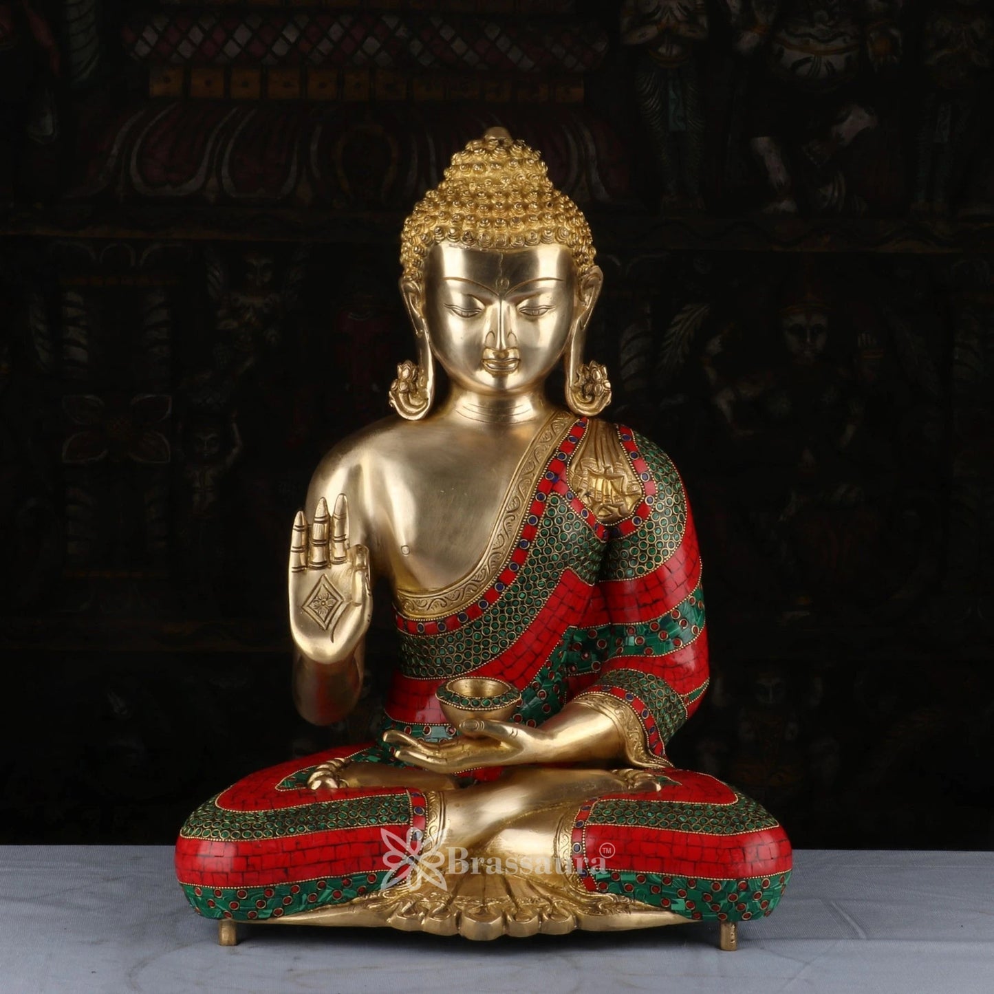 Brass Blessing Gem Stone Work Buddha Weight 18.2 kg & Height 20 Inch