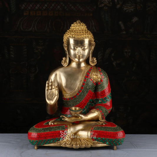Brass Blessing Gem Stone Work Buddha Weight 18.2 kg & Height 20 Inch